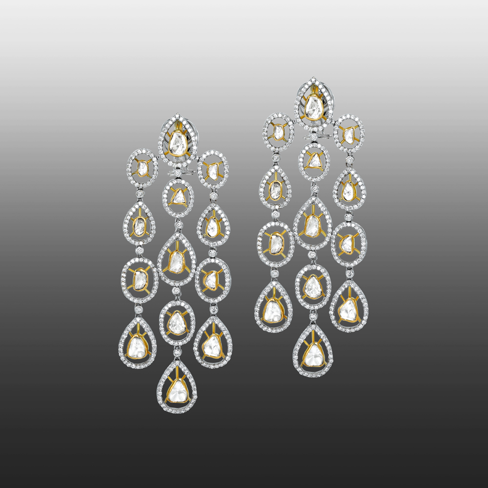Chandelier Earrings with Pear-Shaped Polki and Diamond Halo
